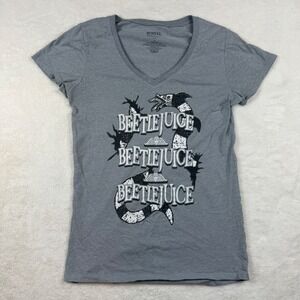 Beetlejuice Sandworm Graphic V-Neck T-Shirt Heather Gray Womens Large Movie Tee